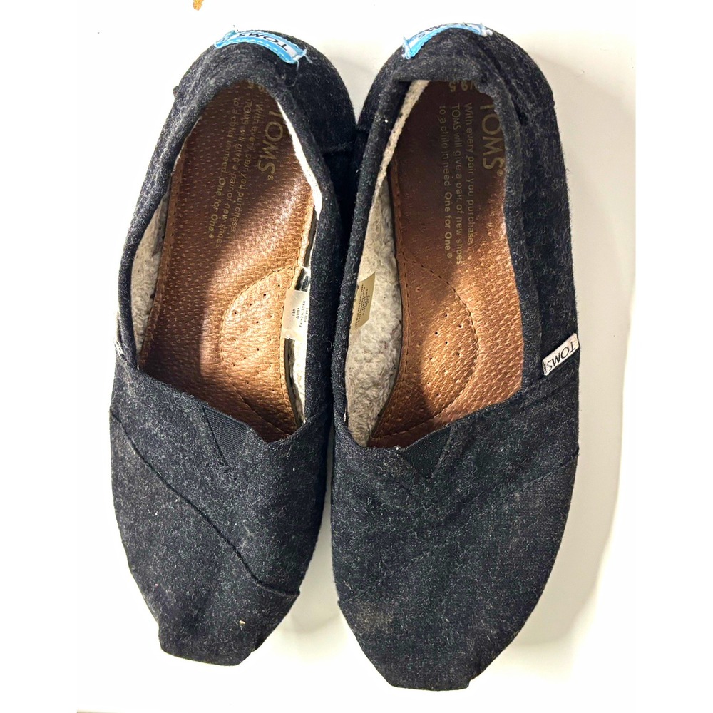 TOMS Women Black Wool Alpargata Faux Fur Lined Slip On Flats 9.5W 450613